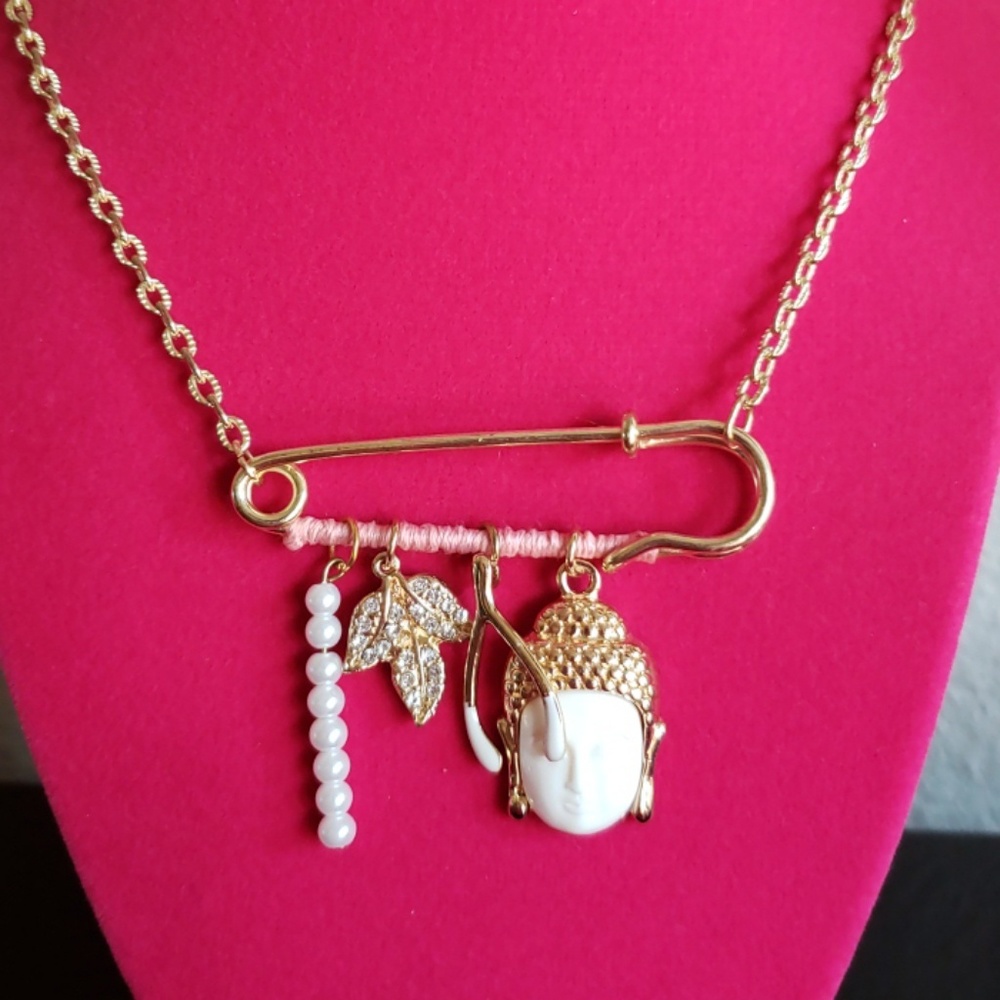 Boho safety pin charm necklace - Buddha, wish bone